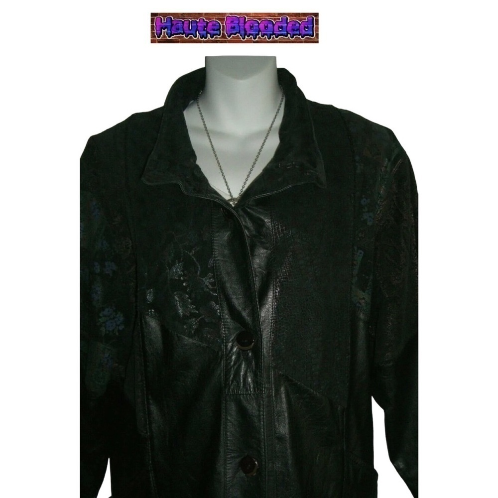 Vintage 90's Long Black Leather Trench Coat Holographic Boho Print Floor Length - Picture 10 of 15
